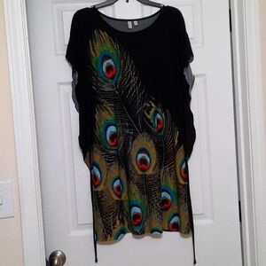 Madison Large Black Peacock Ruffle Sleeve  Tunic Cover-up Dress